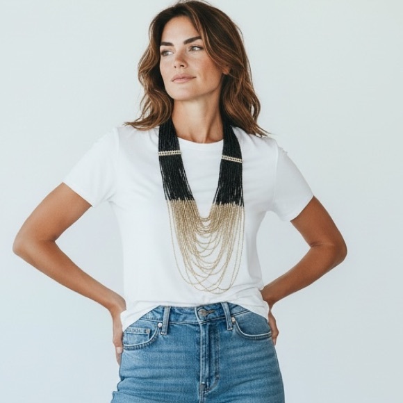 New Colleen Lopez HSN Long Layered Black & Gold Multi-Strand Ethnic Necklace WOW - Picture 3 of 5